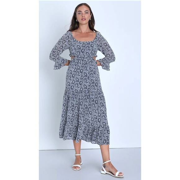 Lulus Blissful Sweetie Navy Blue Paisley Tiered Waist Cutouts Midi Dres Size M - Picture 7 of 11